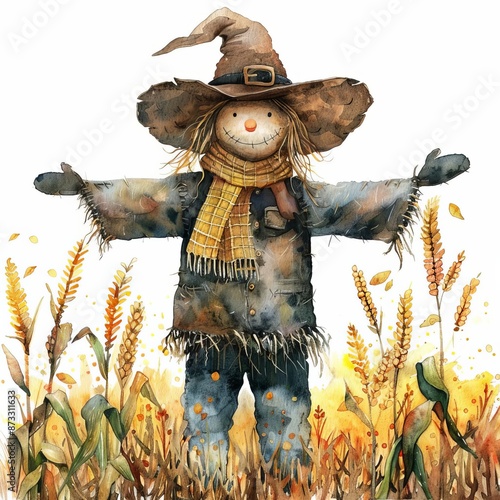 A watercolor drawing of a cheerful scarecrow standing in a wheat field.