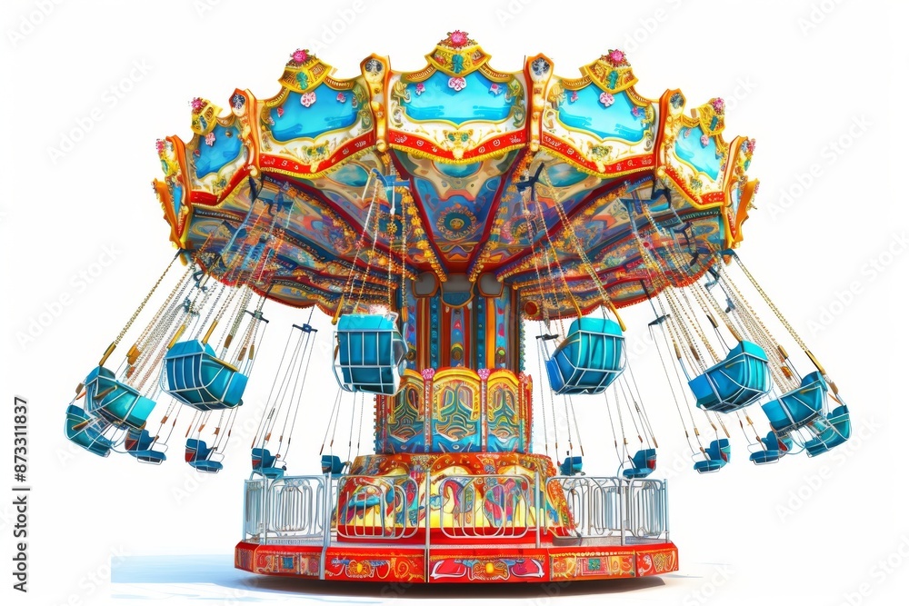 An empty carnival ride, its colorful seats and intricate designs standing still against the sky. An empty carnival ride, its colorful seats and intricate designs standing still against the sky.