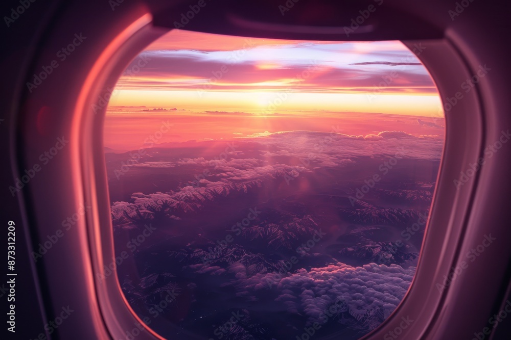 A stunning sunset view from a plane window, with vibrant hues of pink, orange, and purple painting the sky. The majestic mountains stand tall in the distance. A stunning sunset view from a plane window, with vibrant hues of pink, orange, and purple painting the sky. The majestic mountains stand tall in the distance.
