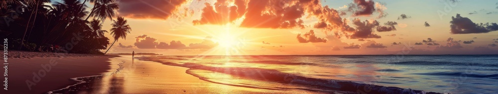 Obraz premium Stunning Tropical Beach Sunset with Palm Trees in Paradise, Perfect for Travel and Vacation, Retiree Dream Destination, AI-Generated High-Resolution Wallpaper
