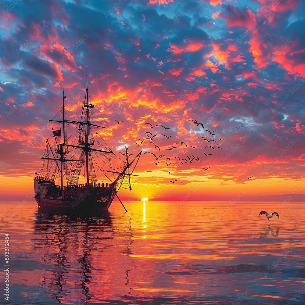 Embark on a journey through time with a professional photo capturing a legendary pirate ship at sea, showcasing the majestic vessel navigating the turbulent waters Embark on a journey through time with a professional photo capturing a legendary pirate ship at sea, showcasing the majestic vessel navigating the turbulent waters
