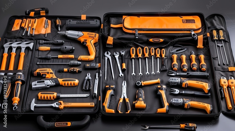 A variety of hand and power tools organized neatly in a black and orange carrying case A variety of hand and power tools organized neatly in a black and orange carrying case