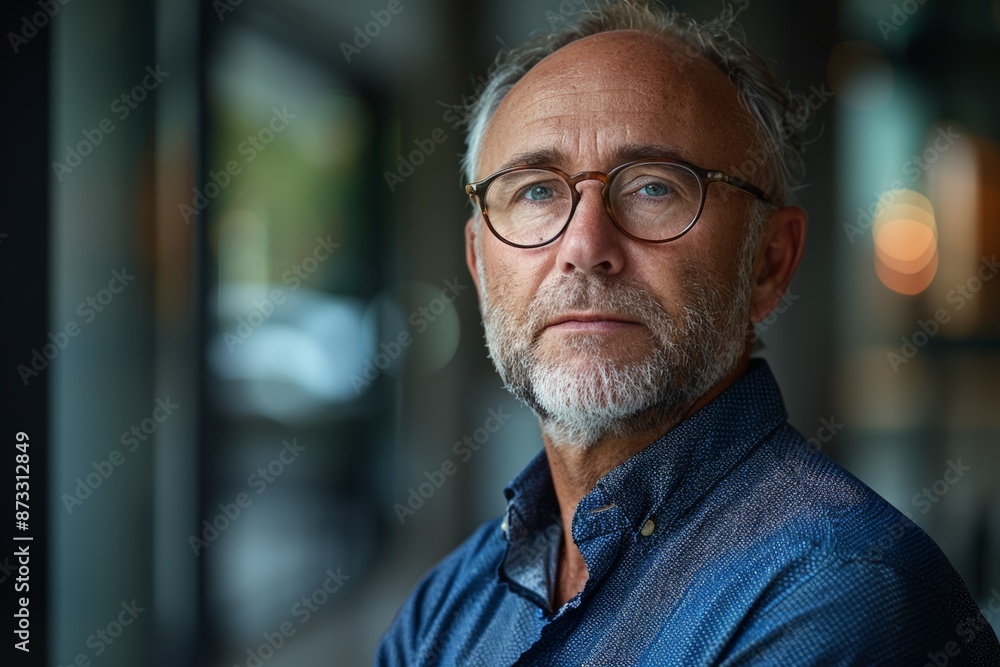 Portrait senior Caucasian man with white beard glasses in blue shirt. Blurred office background suggests introspective dedicated approach leading green technology initiatives in carbon credit sector. Portrait senior Caucasian man with white beard glasses in blue shirt. Blurred office background suggests introspective dedicated approach leading green technology initiatives in carbon credit sector.