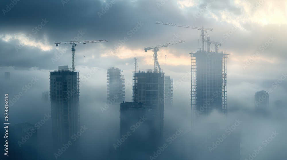 A foggy city skyline featuring high-rise buildings and construction cranes. The cranes are positioned in the background, towering above the mist that envelops the lower part of the city. A foggy city skyline featuring high-rise buildings and construction cranes. The cranes are positioned in the background, towering above the mist that envelops the lower part of the city.