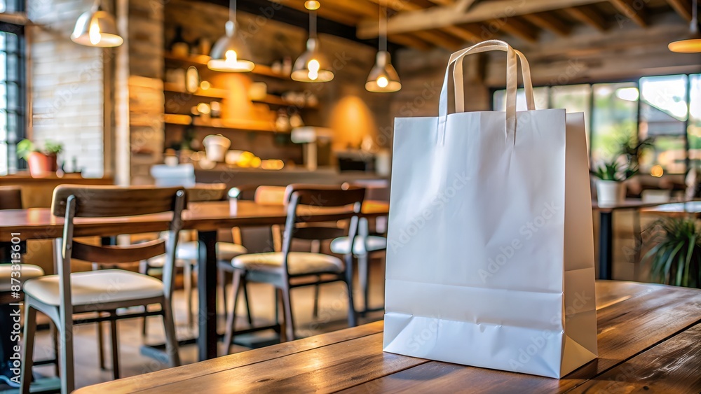 Food delivery. White paper biodegradable bag on a wooden table in a cozy coffee shop, cafe or restaurant. Copy space mockup for logo design or text. Generative AI. Food delivery. White paper biodegradable bag on a wooden table in a cozy coffee shop, cafe or restaurant. Copy space mockup for logo design or text. Generative AI.