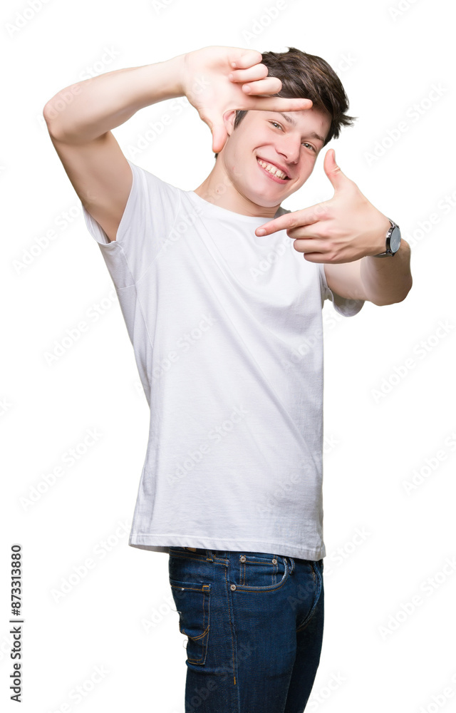 Young handsome man wearing casual white t-shirt over isolated background smiling making frame with hands and fingers with happy face. Creativity and photography concept. Young handsome man wearing casual white t-shirt over isolated background smiling making frame with hands and fingers with happy face. Creativity and photography concept.