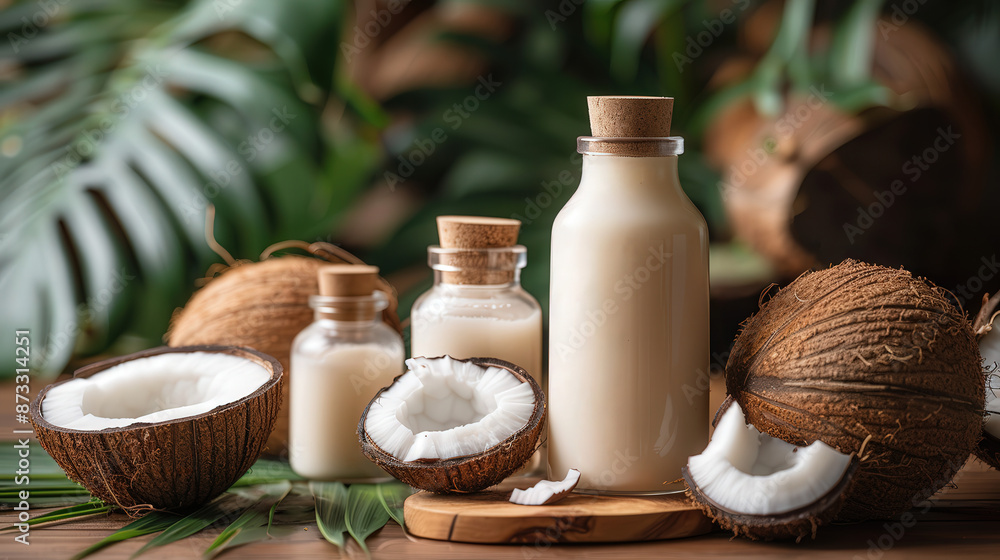 Coconut oil surrounded by whole halved coconuts along tropical leaves, concept handmade, copy space