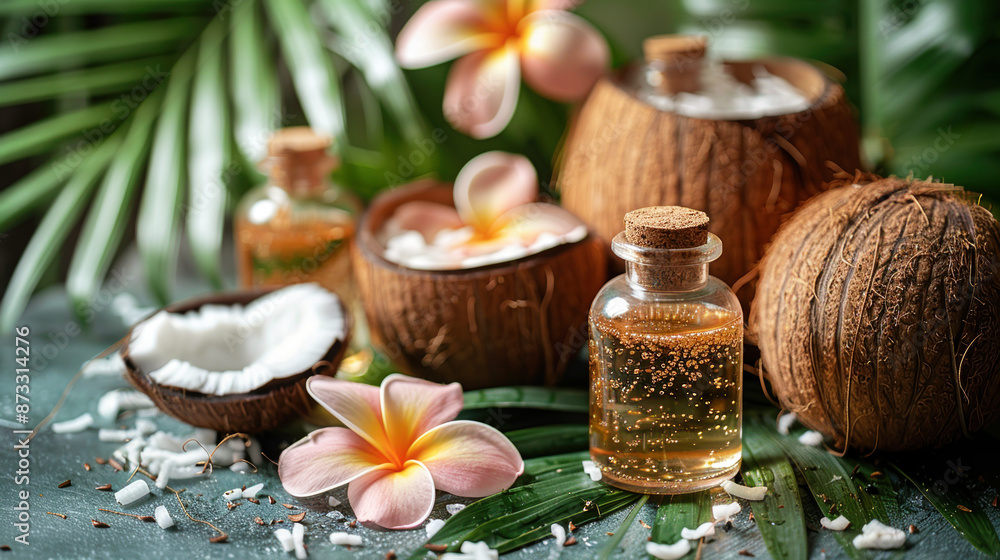 Coconut oil surrounded by whole halved coconuts along tropical leaves, concept handmade, copy space Coconut oil surrounded by whole halved coconuts along tropical leaves, concept handmade, copy space