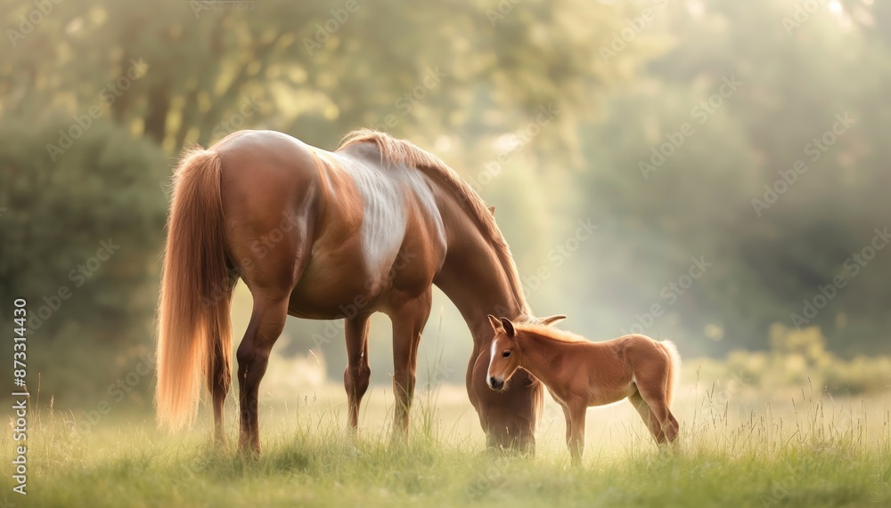 Obraz premium An idyllic image of a horse and foal peacefully grazing in a mist-shrouded morning field, with soft sunlight filtering through the trees and casting a gentle glow.