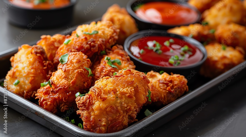 Crispy fried chicken nuggets plated with ketchup dipping sauce on the side, garnished with fresh herbs, perfect for a savory snack or meal. Crispy fried chicken nuggets plated with ketchup dipping sauce on the side, garnished with fresh herbs, perfect for a savory snack or meal.