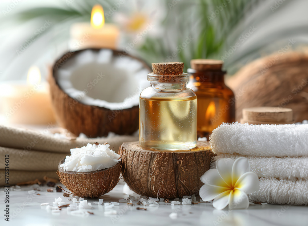 Close up jar of coconut oil next spa essentials, used for skincare, concept handmade, copy space Close up jar of coconut oil next spa essentials, used for skincare, concept handmade, copy space