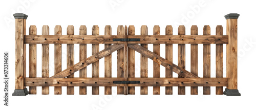A robust wooden fence and gate with vertical slats and black corner posts, exuding rustic charm