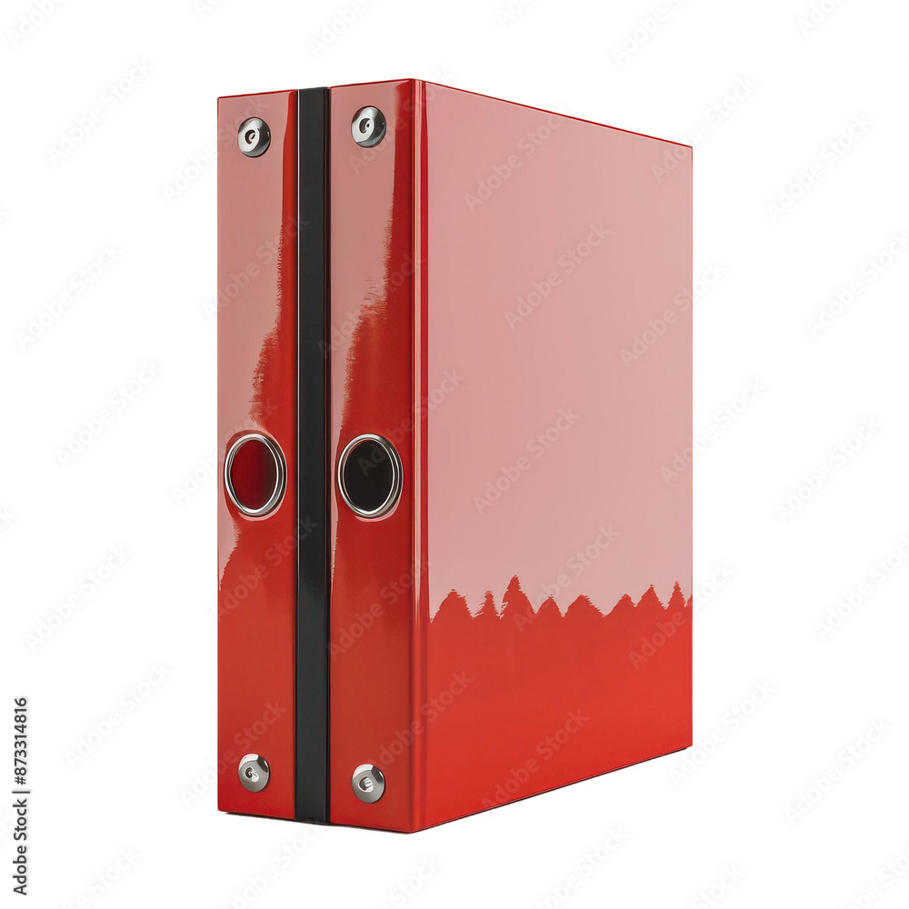 Two red binders with shiny covers and round label holders standing upright side by side Two red binders with shiny covers and round label holders standing upright side by side