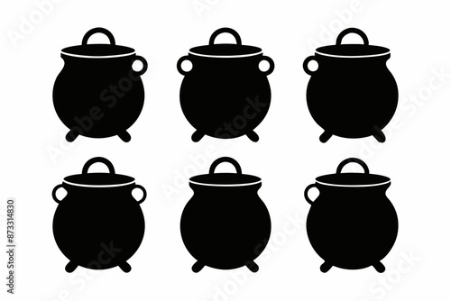 Set of black silhouettes of Halloween witch cauldrons, witch cauldron silhouette vector, witches black cauldron with boiling magic potion isolated on white background
