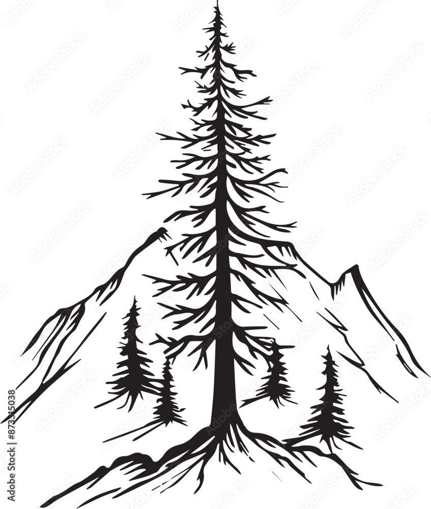 Fototapeta premium Mountain Forest Tree Landscape Silhouette on white background