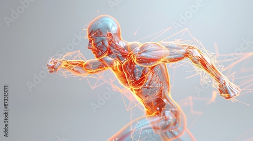 An illustration of a male runner, showing muscles, bones and nervous system.