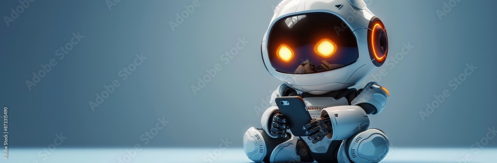 White Robot Using Smartphone With Glowing Eyes in a Blue Setting White Robot Using Smartphone With Glowing Eyes in a Blue Setting