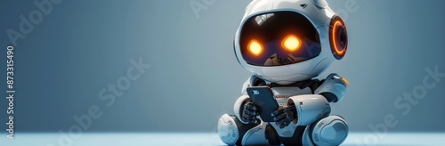 White Robot Using Smartphone With Glowing Eyes in a Blue Setting