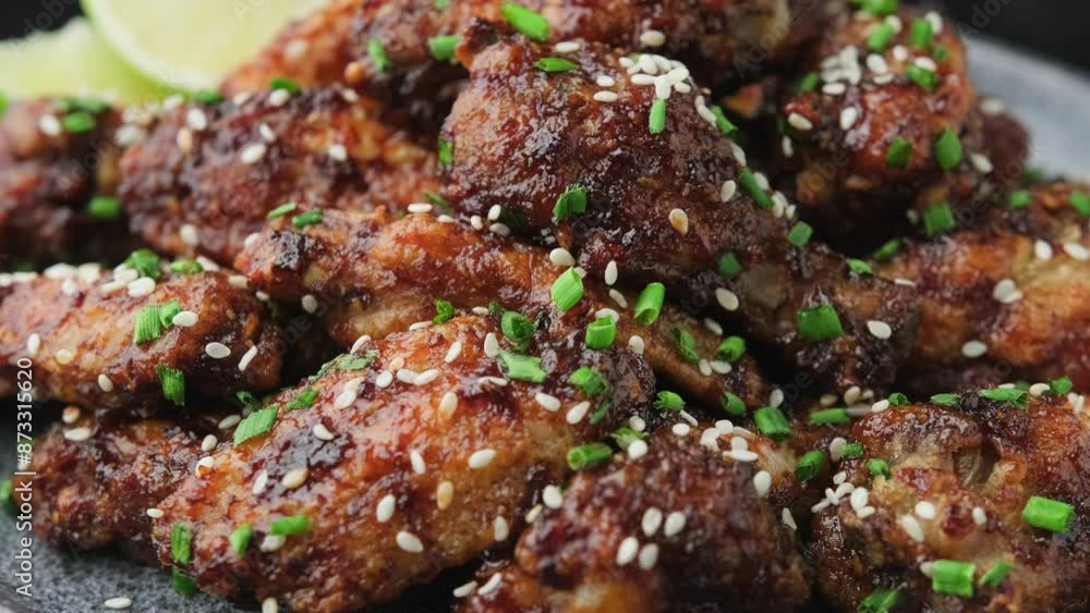 Spicy korean chicken wings with sesame seeds and chives. Rotating video. Spicy korean chicken wings with sesame seeds and chives. Rotating video.