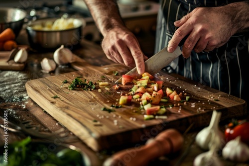 A chef's hands carefully chop fresh vegetables on a wooden cutting board in a kitchen setting