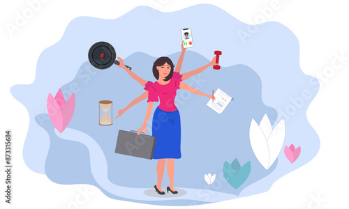 A woman with tasks to complete, doing several activities at the same time, concept of multitasking and time management. Flat vector drawing.