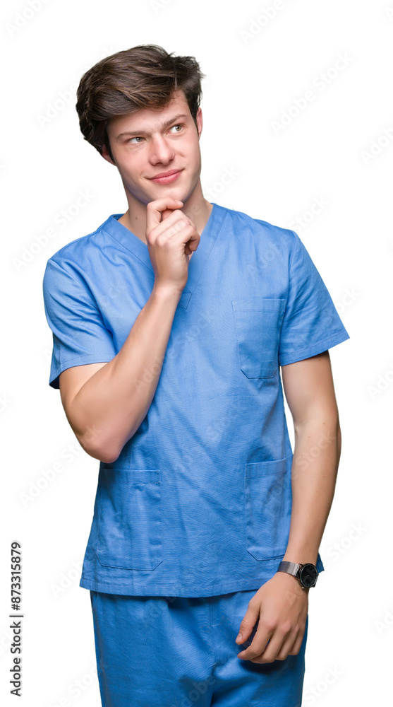 Young doctor wearing medical uniform over isolated background with hand on chin thinking about question, pensive expression. Smiling with thoughtful face. Doubt concept. Young doctor wearing medical uniform over isolated background with hand on chin thinking about question, pensive expression. Smiling with thoughtful face. Doubt concept.