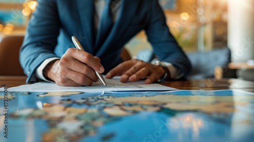 Businessman writing important notes on paper with pen in handcollapsed travel plans lead to a new business opportunity