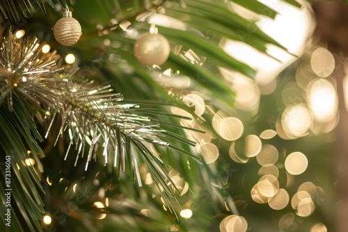 A close-up of a decorated coconut palm tree branch adorned with shimmering tinsel and silver baubles, capturing the festive spirit of Christmas in a tropical setting photo