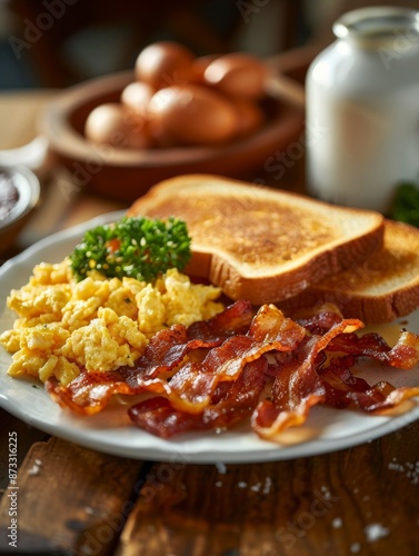 American breakfast plate with crispy bacon strips, scrambled eggs, golden hash browns, and buttered toast