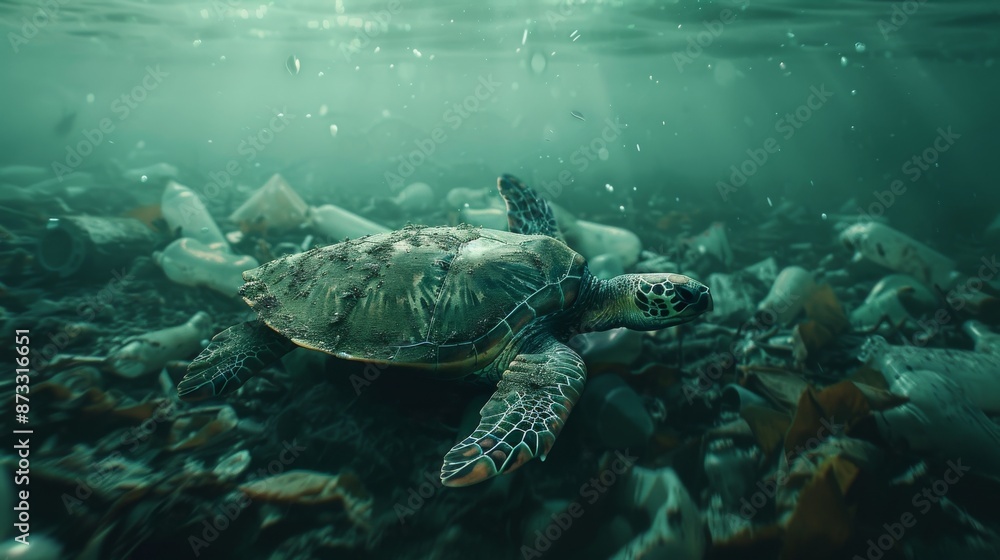 Obraz premium a lone sea turtle swimming through a nuclear polluted ocean