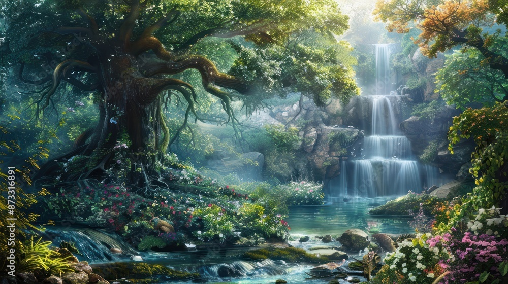 Creation. Genesis. God planted a garden in a place called Eden. Verdant and serene garden, dominated by a large tree, with waterfalls and a winding river creating a peaceful atmosphere. Creation. Genesis. God planted a garden in a place called Eden. Verdant and serene garden, dominated by a large tree, with waterfalls and a winding river creating a peaceful atmosphere.