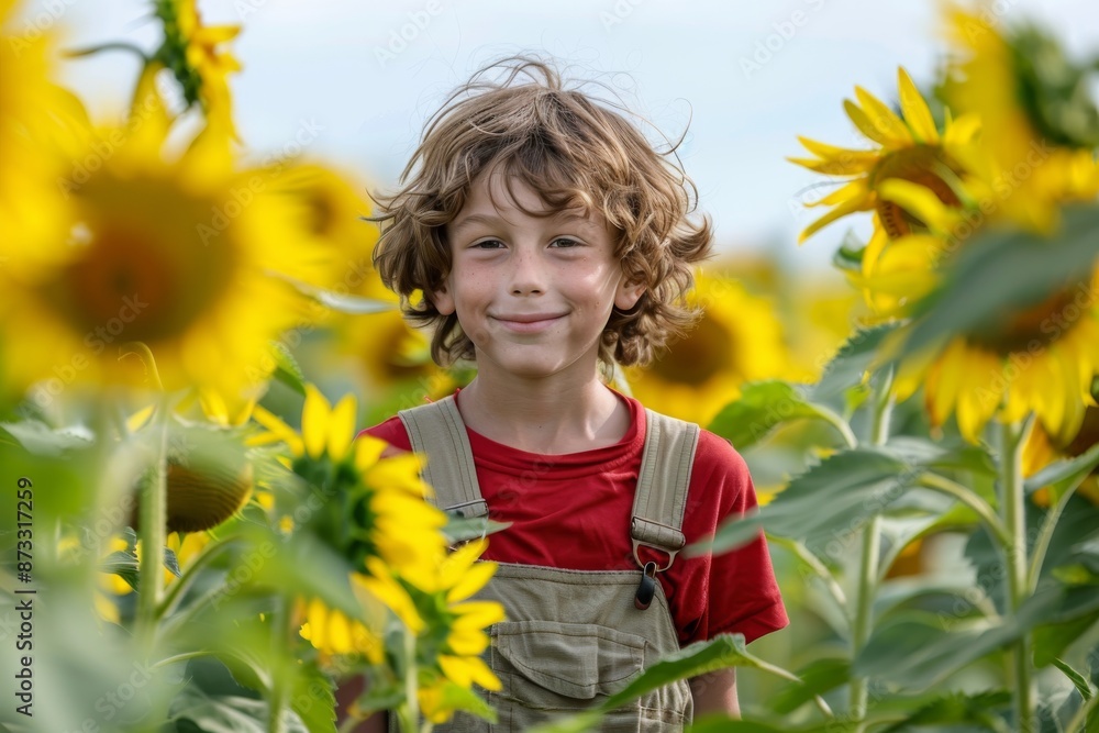 A young boy with curly brown hair smiles at the camera while standing in a field of sunflowers A young boy with curly brown hair smiles at the camera while standing in a field of sunflowers