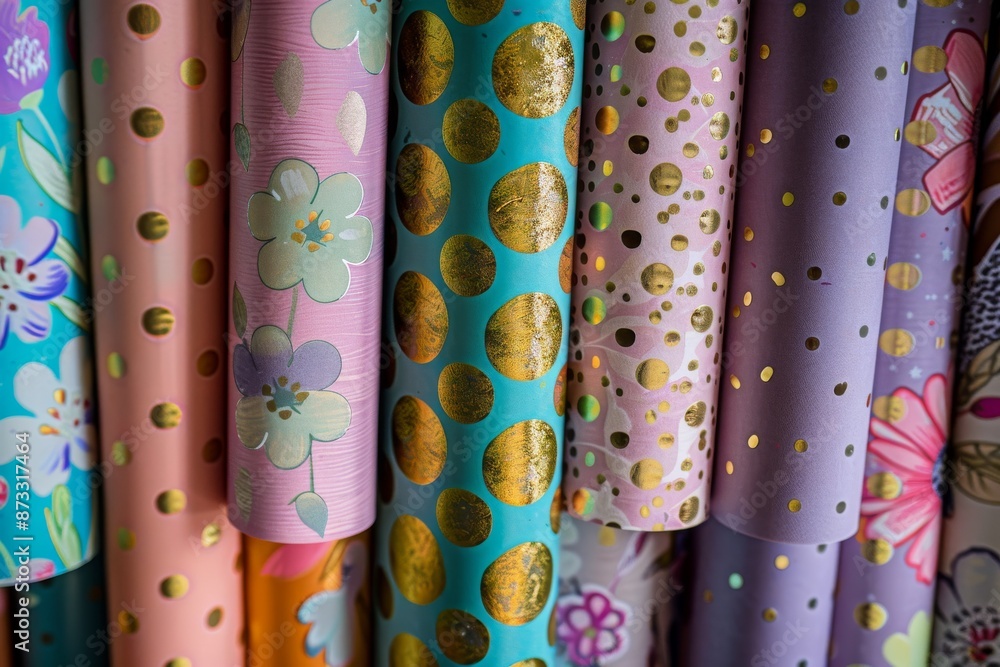 Close-up shot displaying a variety of vibrant and colorful birthday wrapping paper rolls with intricate polka dot and floral patterns, arranged vertically Close-up shot displaying a variety of vibrant and colorful birthday wrapping paper rolls with intricate polka dot and floral patterns, arranged vertically