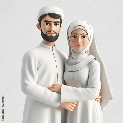 arabic couple wearing arabic outfit, woman wearing hijab 3d character concept