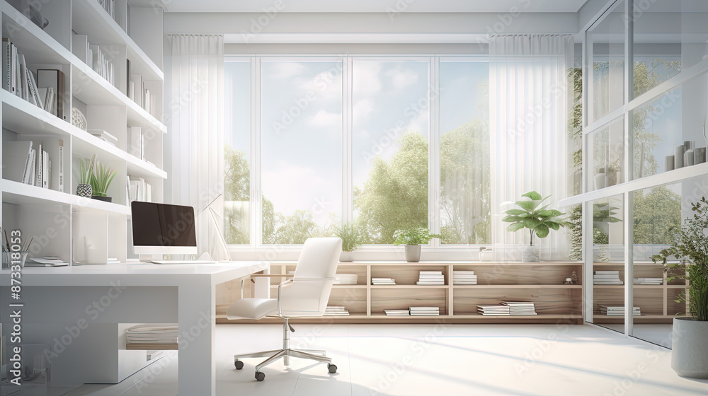 White office interior with green plants. Greenery in the clean and bright corporate workspace. White office interior with green plants. Greenery in the clean and bright corporate workspace.
