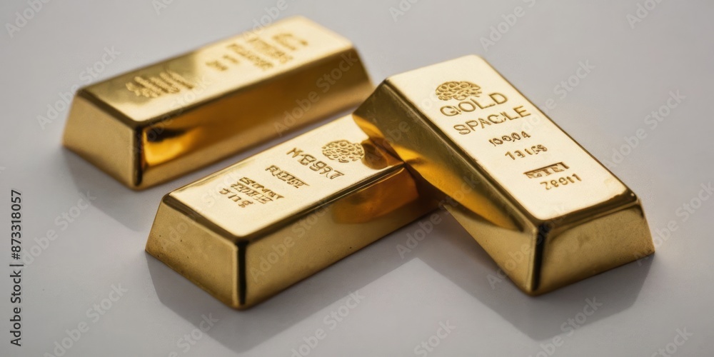 Three gold bars stacked on a white surface. The top bar has the words GOLD SPACLE on the top Three gold bars stacked on a white surface. The top bar has the words GOLD SPACLE on the top