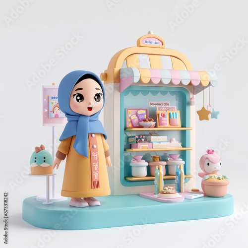 E-commerce promo with hijab woman in store front store,franchise business or online shopping concept,3d illustration or 3d render