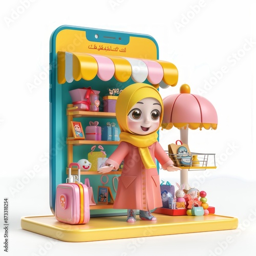 Ecommerce promotion with cute 3D booth store, online shop promo concept