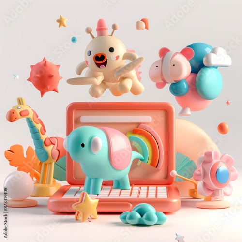 UI element 3D laptop setup style with cute animal element. 3d Laptop Illustration