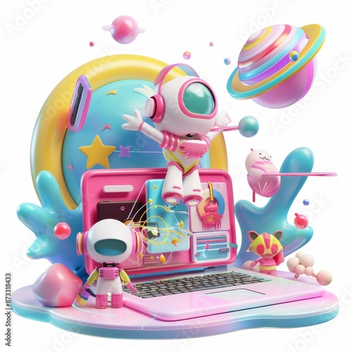 Astronaut laptop desk setup with galaxy, planet, Web design development, design studio, creative process. 3d Laptop Illustration 