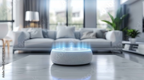 A smart speaker sits on a white table in a modern living room with a couch and plant in the background