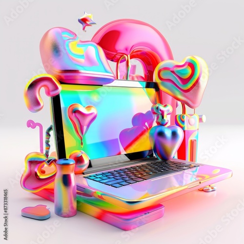 Cool laptop desk setup with love element Web design development, design studio, creative process. 3d Laptop Illustration