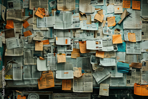A bulletin board is covered in newspapers and yellow sticky notes, some of which are partially obscured by the newspapers. © Nedrofly