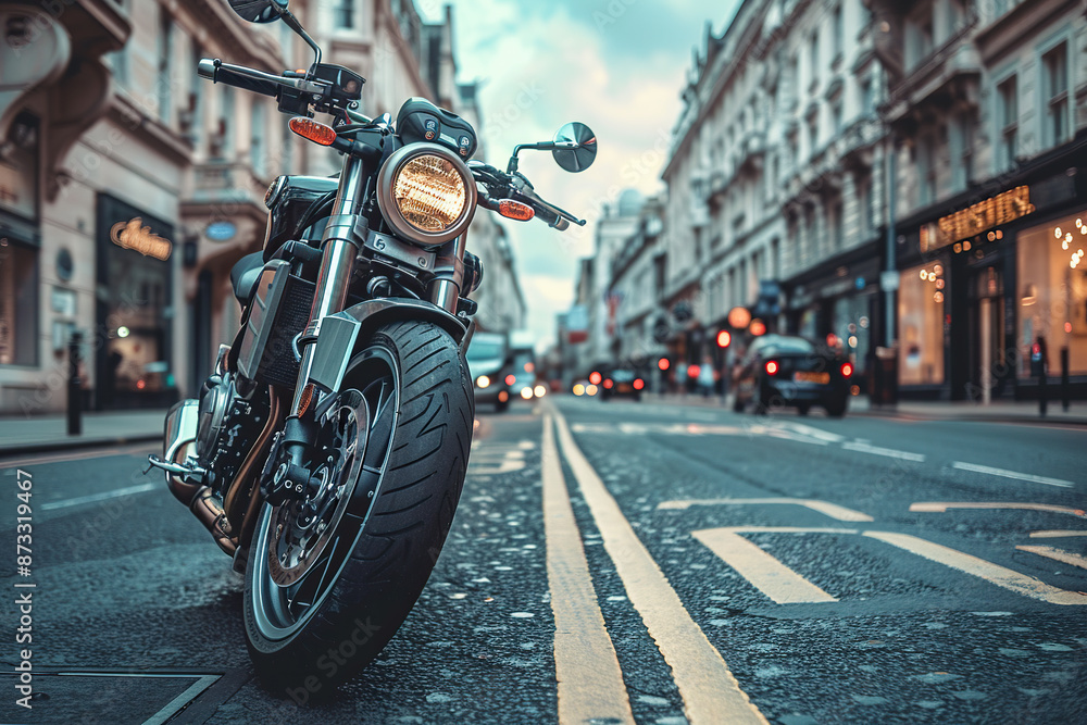 A black motorcycle is parked on a city street with yellow lane markers, facing the camera. The background is a busy street with shops and cars. A black motorcycle is parked on a city street with yellow lane markers, facing the camera. The background is a busy street with shops and cars.