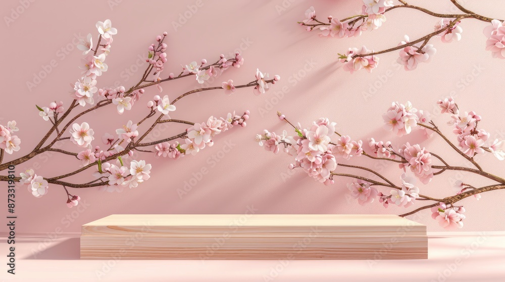 Modern rectangular wooden podium set against a soft pink background with cherry blossom branches. The elegant design is perfect for cosmetic or product displays Modern rectangular wooden podium set against a soft pink background with cherry blossom branches. The elegant design is perfect for cosmetic or product displays