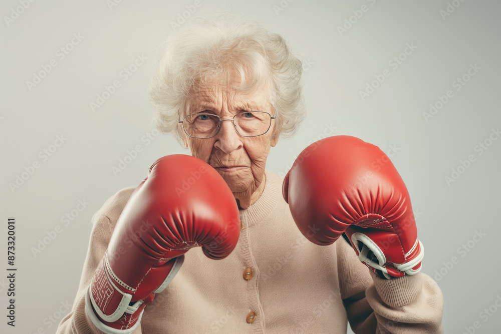 An elderly woman wearing glasses and red boxing gloves, standing in a determined fighting stance, ready to take on challenges against a plain background. An elderly woman wearing glasses and red boxing gloves, standing in a determined fighting stance, ready to take on challenges against a plain background.