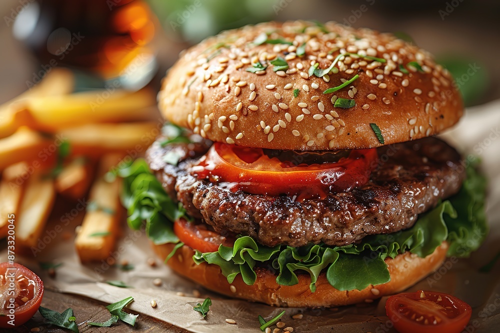 Delicious hamburger with cola and potato fries on a wooden table with a dark brown background behind. Fast food concept Delicious hamburger with cola and potato fries on a wooden table with a dark brown background behind. Fast food concept