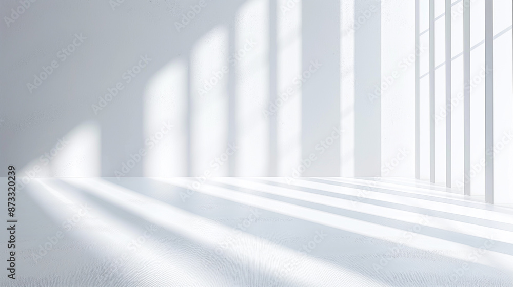 Obraz premium A bright empty room with white walls and floor, illuminated by natural light streaming through large windows, casting soft shadows.