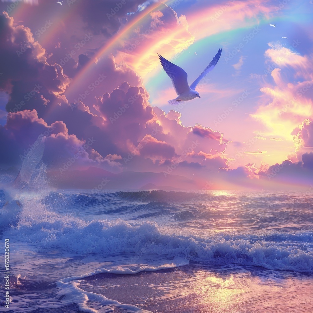 Fototapeta premium Surreal Coastal Scene with Rainbow Sky and Majestic Bird in Paradise, Symbolizing Faith, Hope, and Mythical Aspirations, AI-Generated High-Resolution Wallpaper