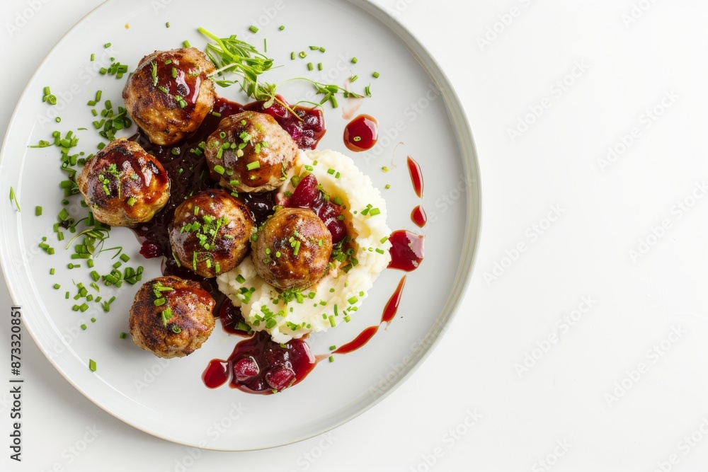 A top-down view of a plate of gourmet Swedish meatballs with cranberry sauce and mashed potatoes. The meatballs are arranged neatly on the plate and drizzled with cranberry sauce A top-down view of a plate of gourmet Swedish meatballs with cranberry sauce and mashed potatoes. The meatballs are arranged neatly on the plate and drizzled with cranberry sauce